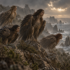 Four Harpy, depicted as bird-bodied beings with distinct female human faces, perch among rugged coastal rocks overlooking a misty Mediterranean landscape under stormy skies.