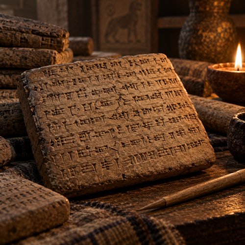 Ancient Hittite cuneiform inscriptions carved into an aged clay tablet