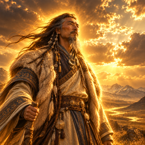 Kök Tengri, the sacred Blue Sky of Tuvan tradition, depicted as a powerful celestial figure in traditional attire