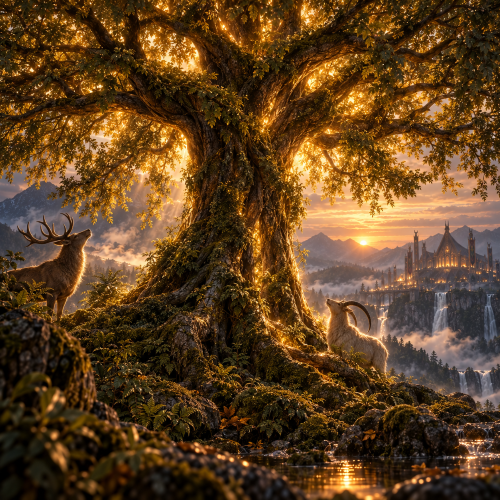 Læraðr, the sacred Norse tree, glowing beneath the dawn sky with Heiðrún and Eikþyrnir among its roots in a misty landscape.