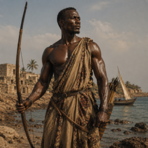 Liongo, the legendary Swahili warrior-poet, stands on the East African coast holding a bow and wearing traditional draped clothing, with a historic coastal settlement and sailing dhow behind him.