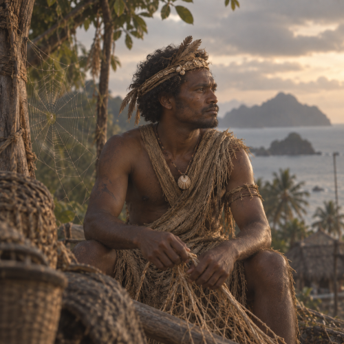 Mer̄avtit, the great culture hero of the Torres Islands, sits in a tropical island landscape