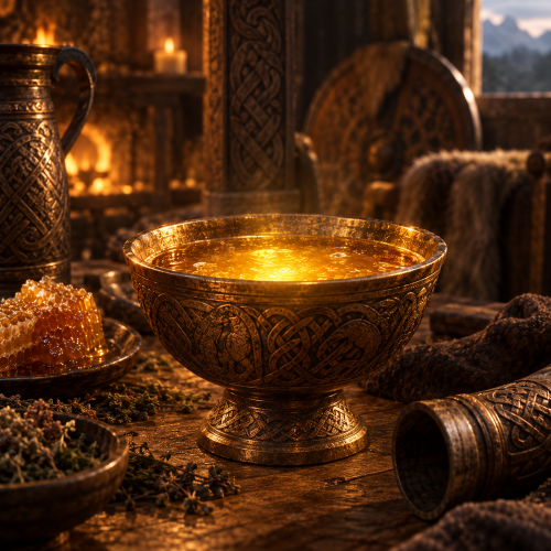 Mimir’s Mead, a glowing golden wisdom drink in an ornate Norse bronze bowl