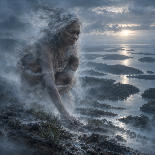 Mudungkala, the blind ancestral creator of Tiwi mythology, carrying three infants through mist-shrouded islands and waterways.