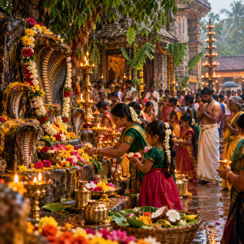 Devotees worship a decorated Naga serpent shrine during Nag Panchami at a rain-soaked Indian temple