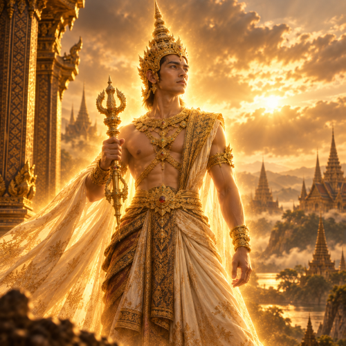 Phra In, the Thai form of Indra, stands in ornate golden Thai celestial attire holding a ceremonial vajra