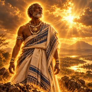 Ramasedi, the Tswana supreme deity, depicted as an elder African man in traditional blue and cream ceremonial attire