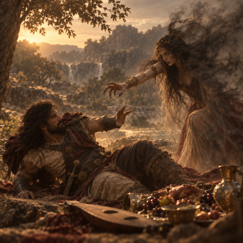 Rostam faces a supernatural witch during the Fourth Labor of the Shahnameh beside an enchanted feast in the Persian wilderness.
