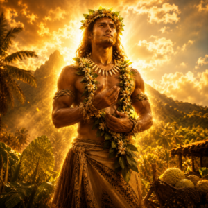 Roʻo, the Tahitian god of healing and agriculture, standing in a lush tropical landscape surrounded by cultivated plants