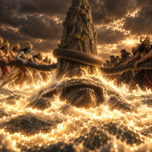 Samudra Manthan depicted with devas and asuras churning the Ocean of Milk around Mount Mandara