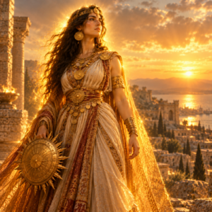 Shapash, the Ugaritic sun goddess, standing among ancient ruins