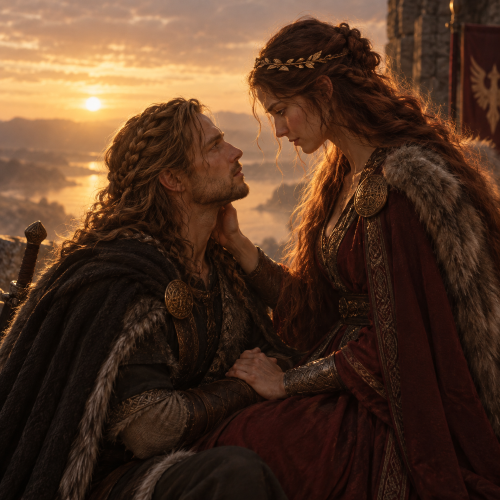 Siegfried and Brunhild sharing a tender moment in a warm golden landscape, symbolising their tragic love in Germanic legend.