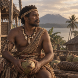 To-Kabinana, a wise culture hero of Tolai mythology, portrayed as a Melanesian man in traditional woven clothing holding a coconut in a coastal village of East New Britain.