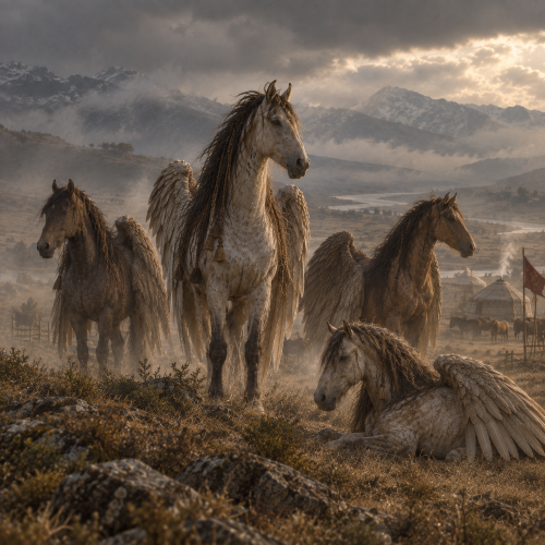 Four winged Tulpar horses standing and resting on the misty Central Asian steppe