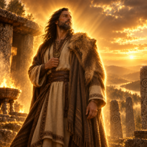 Zamolxe, the Thracian god associated with immortality, stands at an ancient Getic sanctuary surrounded by megalithic stones