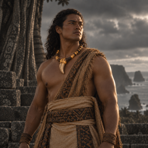 ʻAhoʻeitu, the first Tuʻi Tonga of Tongan mythology, depicted as a noble Polynesian man wearing traditional woven clothing