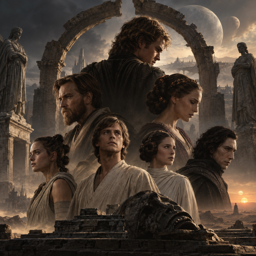 Skywalker family-inspired figures portrayed as a Greek tragedy, surrounded by ancient ruins, statues, twin moons, and a futuristic cityscape at sunset.