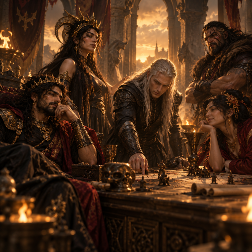 A group of villains gathered around a war council table