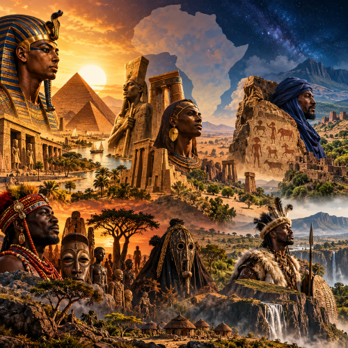African Timelines showing ancient Egyptian pyramids, Nubian monuments, Saharan rock art, and diverse African cultural figures representing the historical development of African mythologies