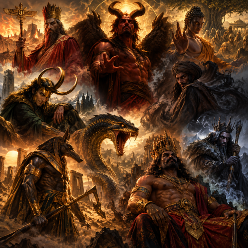 Devil figures across nine world mythologies, featuring Satan, Angra Mainyu, Mara, Iblis, Loki, Set, Apophis, Ravana, and Erlik in a dramatic mythological landscape illuminated by golden light.