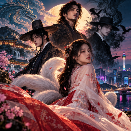 Korean mythical characters in modern pop culture, featuring a nine-tailed fox spirit in a traditional hanbok, supernatural figures in black gat hats, a celestial dragon, and mystical landscapes blending ancient Korean palaces with Seoul’s modern skyline under a glowing moon.