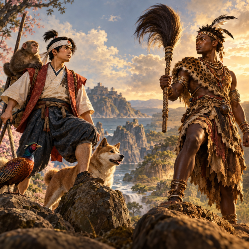Momotaro and Mwindo face each other across a dramatic mythological landscape