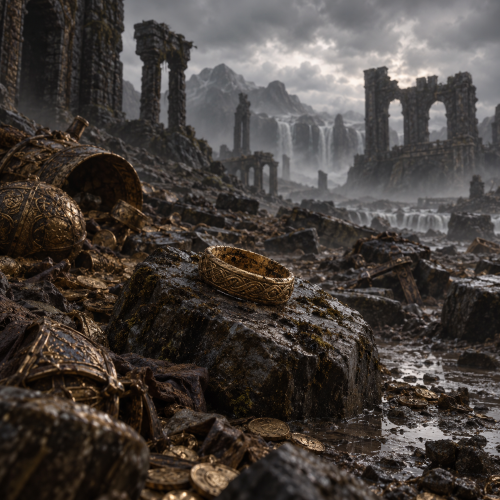 The Nibelung Ring resting on a weathered stone amid a ruined Nordic landscape