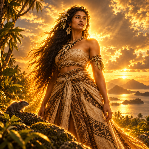 Adi-Mailagu, the Fijian Goddess of the Sky, standing in golden divine light above a tropical island landscape with a grey rat beside her.