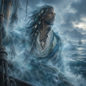 Agwé, the Haitian Vodou sea spirit, emerges from the ocean mist