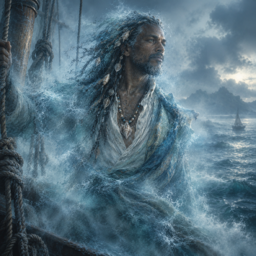 Agwé, the Haitian Vodou sea spirit, emerges from the ocean mist