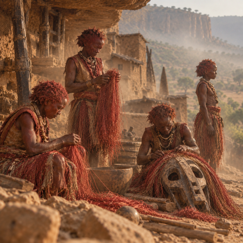 Andoumboulou beings in Dogon tradition crafting red fibre masks beside rocky dwellings in Mali, surrounded by dusty air, earthen structures, and a hazy Sahelian landscape.