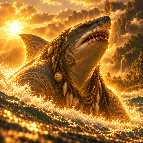 Apukohai, the Hawaiian fish god associated with Kauaʻi, rising from the ocean with a powerful shark-like form