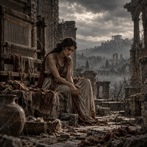 Arachne, the mortal weaver cursed by Athena, sits beside an abandoned loom in a decaying ancient Greek workshop