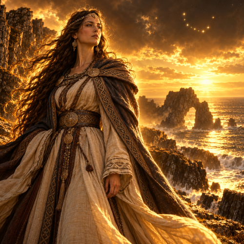 Arianrhod, a powerful female figure from Welsh mythology, stands on a rugged coastal cliff in flowing medieval Welsh-inspired robes