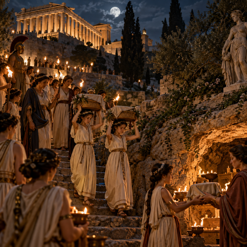 Arrephoria festival in ancient Athens at night, with young Athenian girls carrying covered sacred baskets