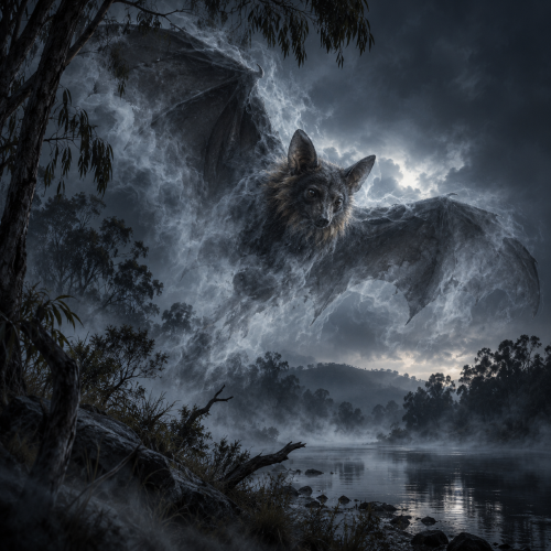 Balayang, the ancestral bat of Kulin traditions, emerges as a translucent spirit with vast, mist-covered wings above a foggy Australian river