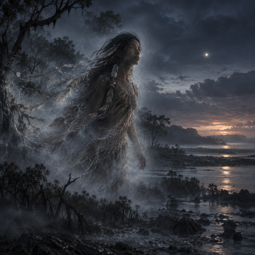 Barnumbirr, the Yolngu Morning Star spirit, appears as a partially translucent woman dissolving into mist along a dark Australian coastline