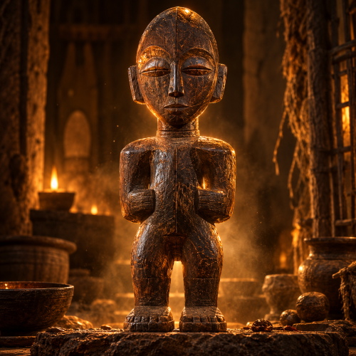 Bateba, a sacred wooden spirit figure of the Lobi people of West Africa, standing on a ritual altar in a dimly lit shrine, illuminated by warm amber light.
