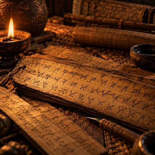 Weathered Baybayin characters etched into aged wooden manuscript slats