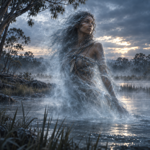 Birrangulu, a Gamilaraay water spirit, emerging semi-transparently from a misty blue-grey wetland,