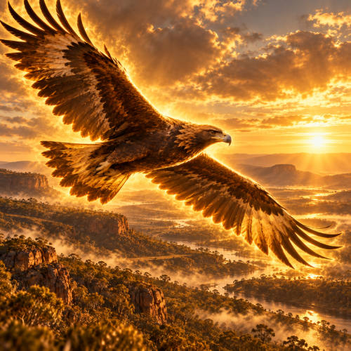 Bunjil, the ancestral wedge-tailed eagle of Koori traditions, soars over Victoria’s rugged landscape