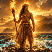 Mythlok - Daucina Daucina, the Fijian deity of light and seafaring, stands on a rocky Pacific shoreline holding a flaming torch