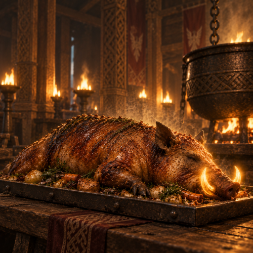 Whole roasted boar representing Sæhrímnir, the supernatural feast of Norse mythology