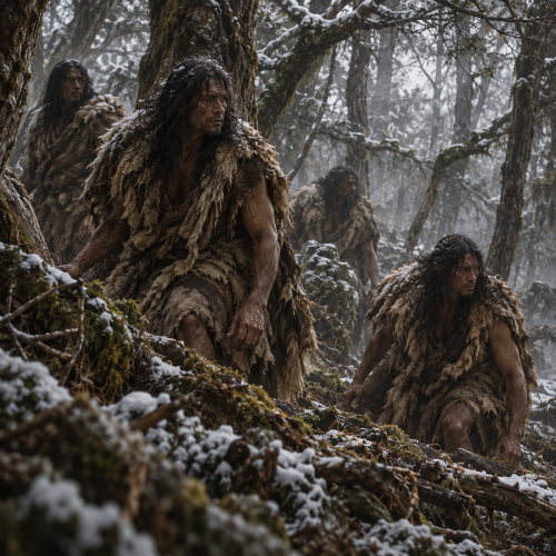 Four rugged Hanush forest beings from Yámana mythology move through a misty Tierra del Fuego woodland