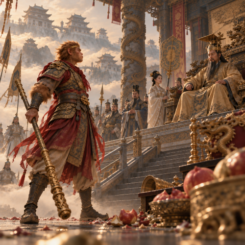Sun Wukong confronts the Jade Emperor in a mist-filled celestial Chinese palace in Havoc in Heaven
