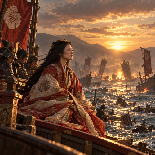 Heike Monogatari scene showing a Heian noblewoman aboard a Taira warship overlooking the burning fleet at the Battle of Dan-no-ura.