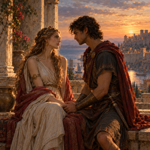 Helen and Paris share an intimate moment on a stone terrace overlooking Troy's harbour at sunset, their hands clasped as golden light illuminates their faces and the ancient city.