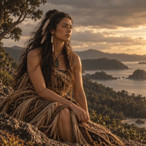 Hine Ahu One, the first woman in Māori tradition, sits on a rocky coastal outcrop