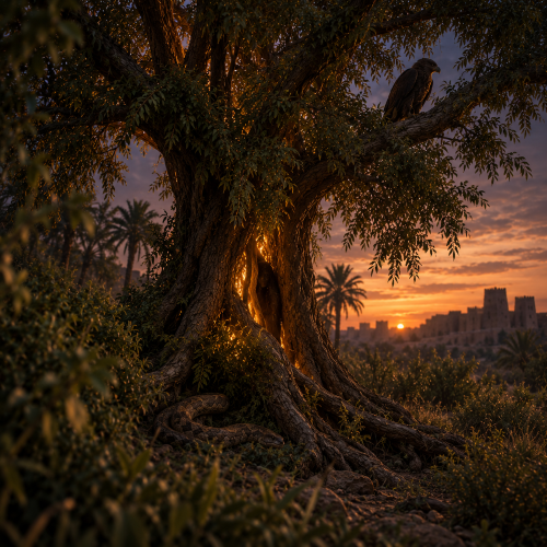 Huluppu Tree in Sumerian mythology, an ancient twisted tree with an inner amber glow