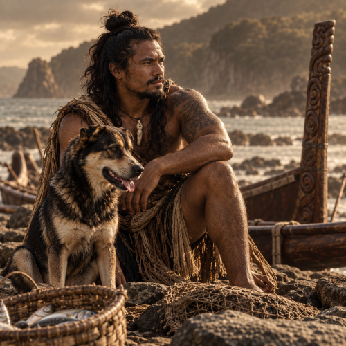 Irawaru, the Māori mythological figure associated with the origins of kurī, sits beside a traditional Polynesian dog on a rocky New Zealand coastline